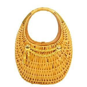 1950s Vintage Koret Crescent Flat Reed Basket Handbag with Gold Tassel GS